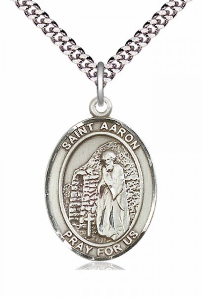 Men's Pewter Oval St. Aaron Medal - 24&quot; 2.4mm Rhodium Plate Chain + Clasp
