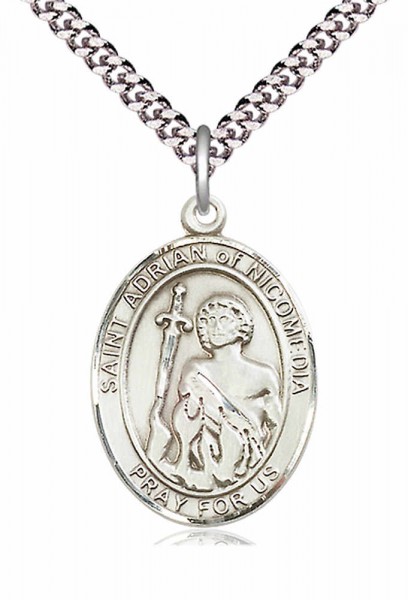 Men's Pewter Oval St. Adrian of Nicomedia Medal - 24&quot; 2.4mm Rhodium Plate Endless Chain