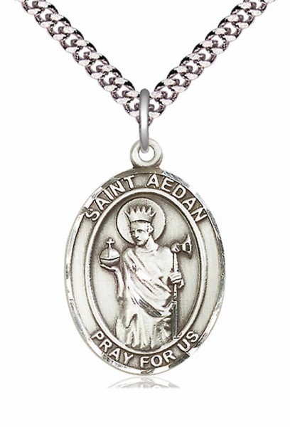 Men's Pewter Oval St. Aedan of Ferns Medal - 24&quot; 2.4mm Rhodium Plate Chain + Clasp