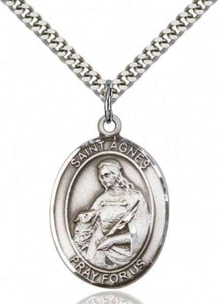 Men's Pewter Oval St. Agnes of Rome Medal - 24&quot; 2.4mm Rhodium Plate Chain + Clasp
