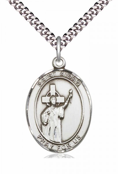 Men's Pewter Oval St. Aidan of Lindesfarne Medal - 24&quot; 2.4mm Rhodium Plate Chain + Clasp
