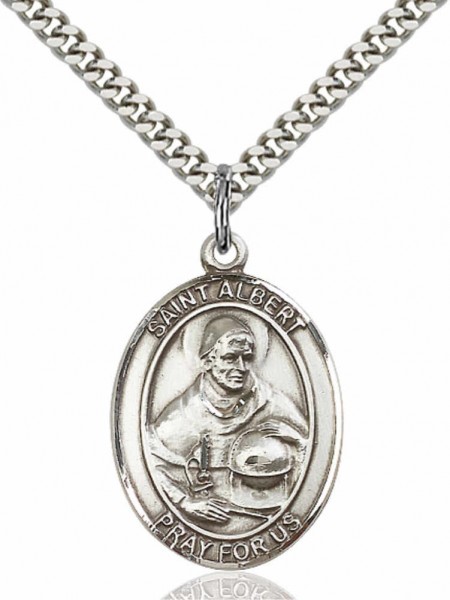 Men's Pewter Oval St. Albert the Great Medal - 24&quot; 2.4mm Rhodium Plate Chain + Clasp
