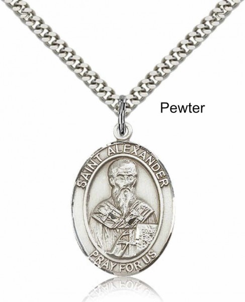Men's Pewter Oval St. Alexander Sauli Medal - 24&quot; 2.4mm Rhodium Plate Chain + Clasp