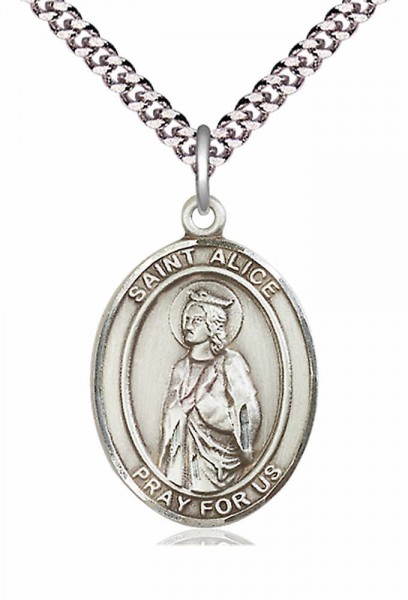 Men's Pewter Oval St. Alice Medal - 24&quot; 2.4mm Rhodium Plate Chain + Clasp