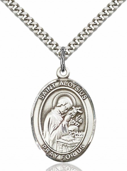 Men's Pewter Oval St. Aloysius Gonzaga Medal - 24&quot; 2.4mm Rhodium Plate Chain + Clasp