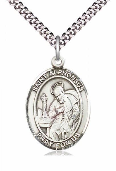 Men's Pewter Oval St. Alphonsus Medal - 24&quot; 2.4mm Rhodium Plate Chain + Clasp