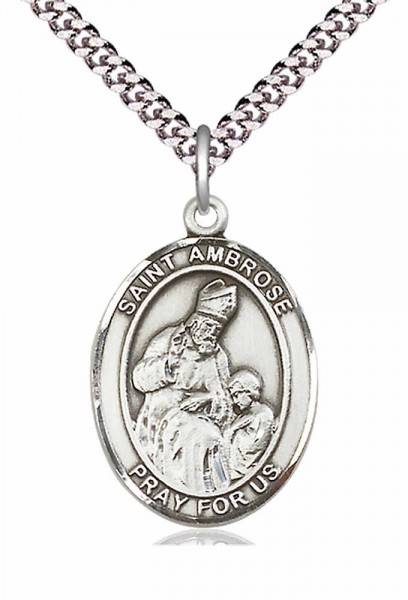 Men's Pewter Oval St. Ambrose Medal - 24&quot; 2.4mm Rhodium Plate Endless Chain