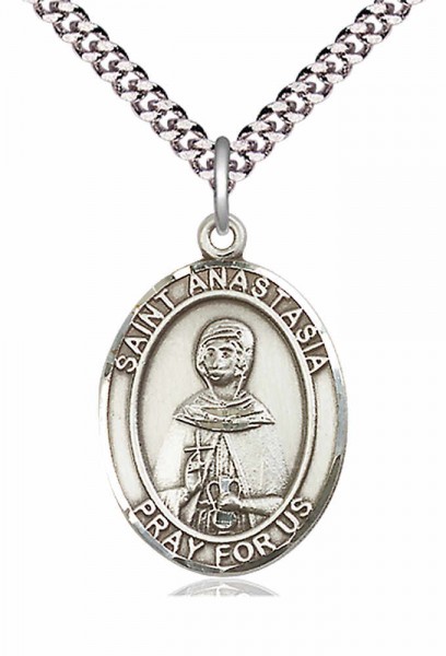 Men's Pewter Oval St. Anastasia Medal - 24&quot; 2.4mm Rhodium Plate Endless Chain