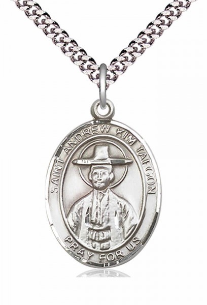Men's Pewter Oval St. Andrew Kim Taegon Medal - 24&quot; 2.4mm Rhodium Plate Chain + Clasp