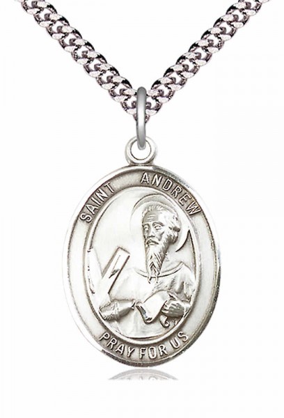 Men's Pewter Oval St. Andrew the Apostle Medal - 24&quot; 2.4mm Rhodium Plate Endless Chain