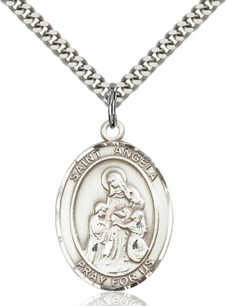 Men's Pewter Oval St. Angela Merici Medal - 24&quot; 2.4mm Rhodium Plate Chain + Clasp