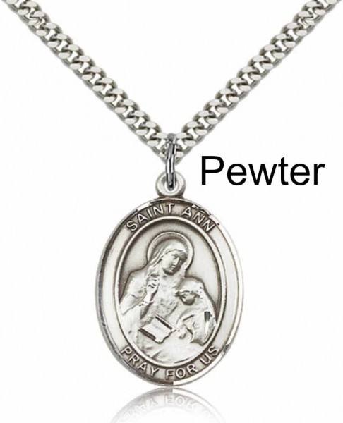 Men's Pewter Oval St. Ann Medal - 24&quot; 2.4mm Rhodium Plate Chain + Clasp