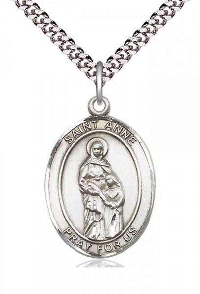 Men's Pewter Oval St. Anne Medal - 24&quot; 2.4mm Rhodium Plate Chain + Clasp