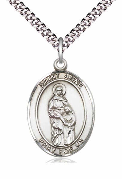 Men's Pewter Oval St. Anne Medal - 20&quot; Rhodium Plate Chain + Clasp