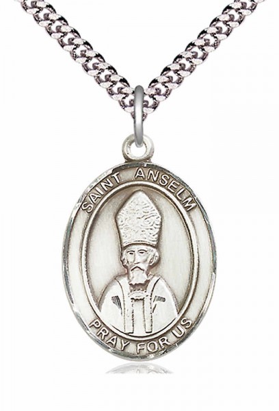 Men's Pewter Oval St. Anselm of Canterbury Medal - 24&quot; 2.4mm Rhodium Plate Endless Chain