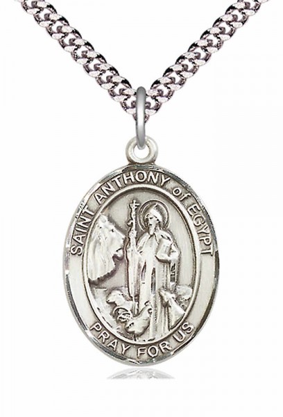 Men's Pewter Oval St. Anthony of Egypt Medal - 24&quot; 2.4mm Rhodium Plate Chain + Clasp