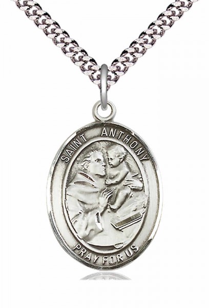 Men's Pewter Oval St. Anthony of Padua Medal - 24&quot; 2.4mm Rhodium Plate Chain + Clasp