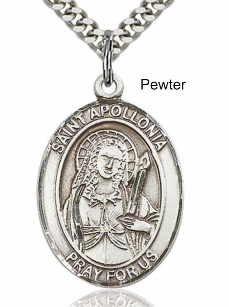 Men's Pewter Oval St. Apollonia Medal - 24&quot; 2.4mm Rhodium Plate Chain + Clasp