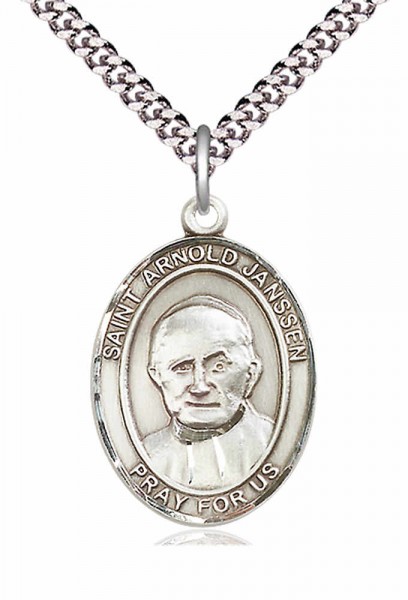 Men's Pewter Oval St. Arnold Janssen Medal - 24&quot; 2.4mm Rhodium Plate Chain + Clasp