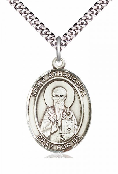 Men's Pewter Oval St. Athanasius Medal - 24&quot; 2.4mm Rhodium Plate Chain + Clasp