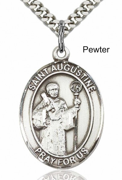 Men's Pewter Oval St. Augustine Medal - 20&quot; Rhodium Plate Chain + Clasp