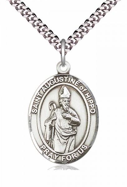 Men's Pewter Oval St. Augustine of Hippo Medal - 24&quot; 2.4mm Rhodium Plate Endless Chain
