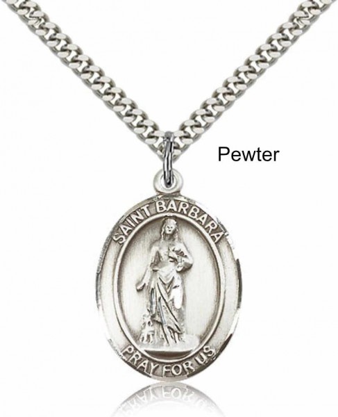 Men's Pewter Oval St. Barbara Medal - 24&quot; 2.4mm Rhodium Plate Chain + Clasp