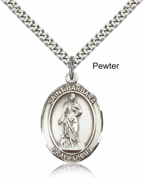 Men's Pewter Oval St. Barbara Medal - 24&quot; 2.4mm Rhodium Plate Endless Chain