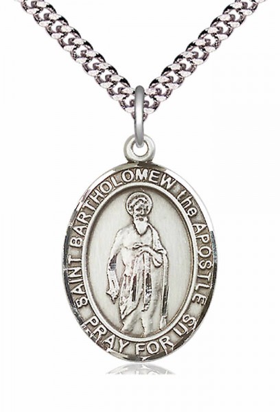 Men's Pewter Oval St. Bartholomew the Apostle Medal - 24&quot; 2.4mm Rhodium Plate Endless Chain