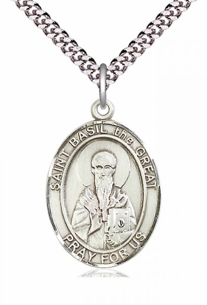 Men's Pewter Oval St. Basil the Great Medal - 24&quot; 2.4mm Rhodium Plate Chain + Clasp