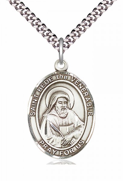 Men's Pewter Oval St. Bede the Venerable Medal - 24&quot; 2.4mm Rhodium Plate Chain + Clasp