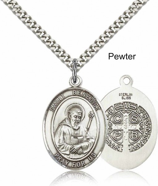 Men's Pewter Oval St. Benedict Medal - 20&quot; Rhodium Plate Chain + Clasp
