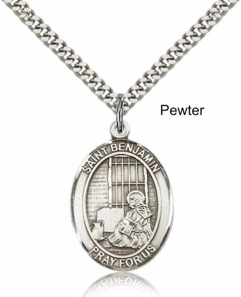 Men's Pewter Oval St. Benjamin Medal - 24&quot; 2.4mm Rhodium Plate Chain + Clasp