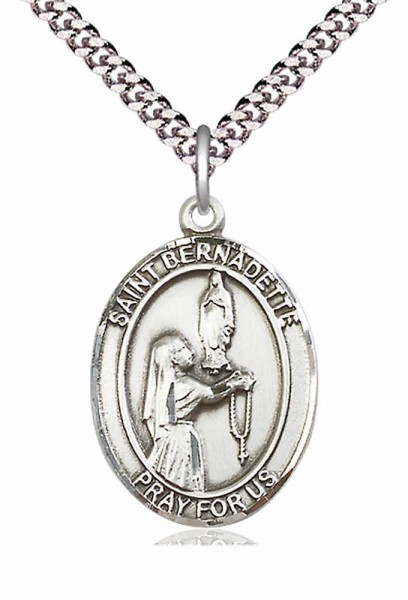 Men's Pewter Oval St. Bernadette Medal - 24&quot; 2.4mm Rhodium Plate Chain + Clasp