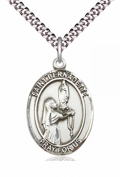 Men's Pewter Oval St. Bernadette Medal - 24&quot; 2.4mm Rhodium Plate Endless Chain