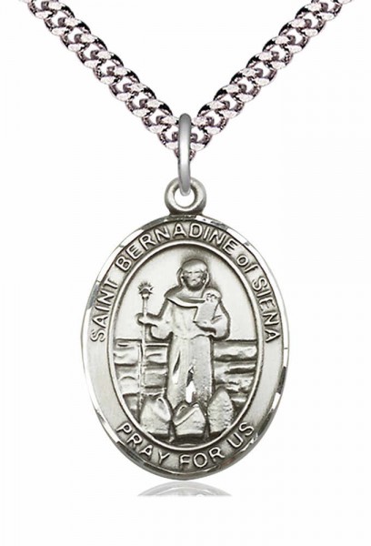 Men's Pewter Oval St. Bernadine of Sienna Medal - 24&quot; 2.4mm Rhodium Plate Chain + Clasp