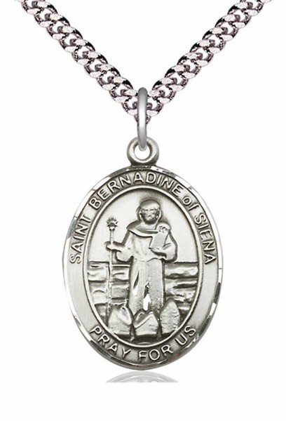 Men's Pewter Oval St. Bernadine of Sienna Medal - 24&quot; 2.4mm Rhodium Plate Endless Chain