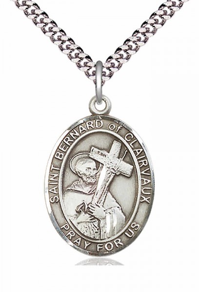 Men's Pewter Oval St. Bernard of Clairvaux Medal - 24&quot; 2.4mm Rhodium Plate Chain + Clasp