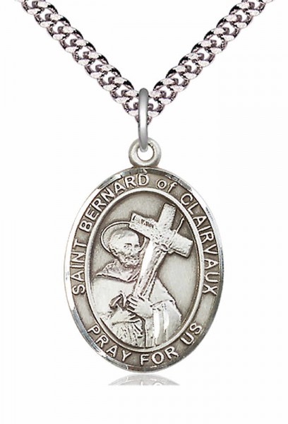 Men's Pewter Oval St. Bernard of Clairvaux Medal - 24&quot; 2.4mm Rhodium Plate Endless Chain