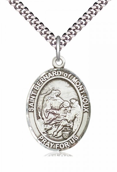 Men's Pewter Oval St. Bernard of Montjoux Medal - 24&quot; 2.4mm Rhodium Plate Chain + Clasp