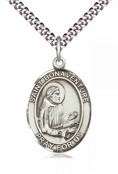 Men's Pewter Oval St. Bonaventure Medal - 24&quot; 2.4mm Rhodium Plate Endless Chain