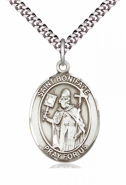 Men's Pewter Oval St. Boniface Medal - 20&quot; Rhodium Plate Chain + Clasp