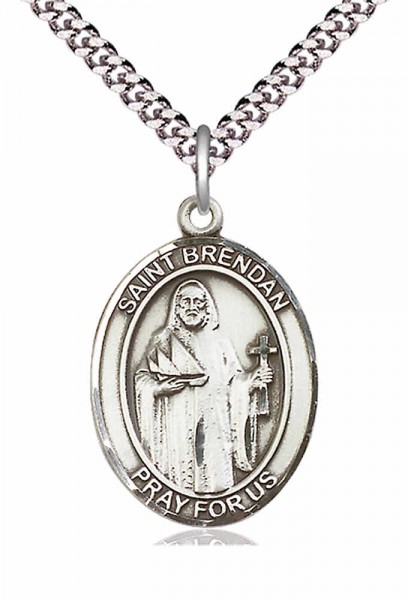 Men's Pewter Oval St. Brendan the Navigator Medal - 24&quot; 2.4mm Rhodium Plate Chain + Clasp