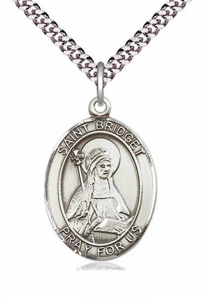 Men's Pewter Oval St. Bridget of Sweden Medal - 24&quot; 2.4mm Rhodium Plate Chain + Clasp