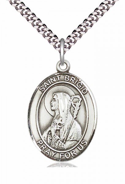 Men's Pewter Oval St. Brigid of Ireland Medal - 24&quot; 2.4mm Rhodium Plate Chain + Clasp