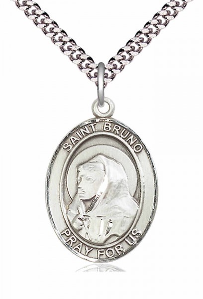 Men's Pewter Oval St. Bruno Medal - 24&quot; 2.4mm Rhodium Plate Chain + Clasp