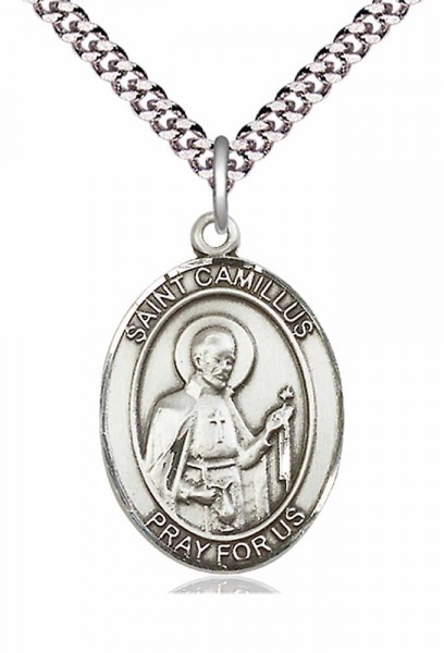 Men's Pewter Oval St. Camillus of Lellis Medal - 24&quot; 2.4mm Rhodium Plate Chain + Clasp
