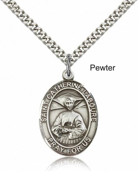 Men's Pewter Oval St. Catherine Laboure Medal - 24&quot; 2.4mm Rhodium Plate Chain + Clasp