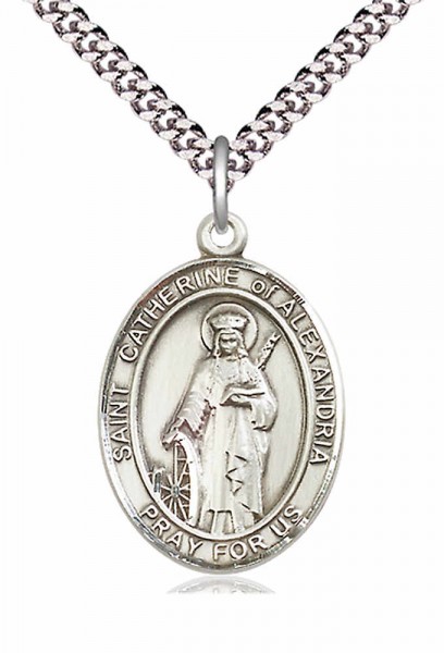 Men's Pewter Oval St. Catherine of Alexandria Medal - 24&quot; 2.4mm Rhodium Plate Chain + Clasp