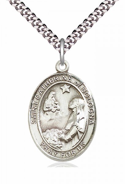 Men's Pewter Oval St. Catherine of Bologna Medal - 24&quot; 2.4mm Rhodium Plate Chain + Clasp